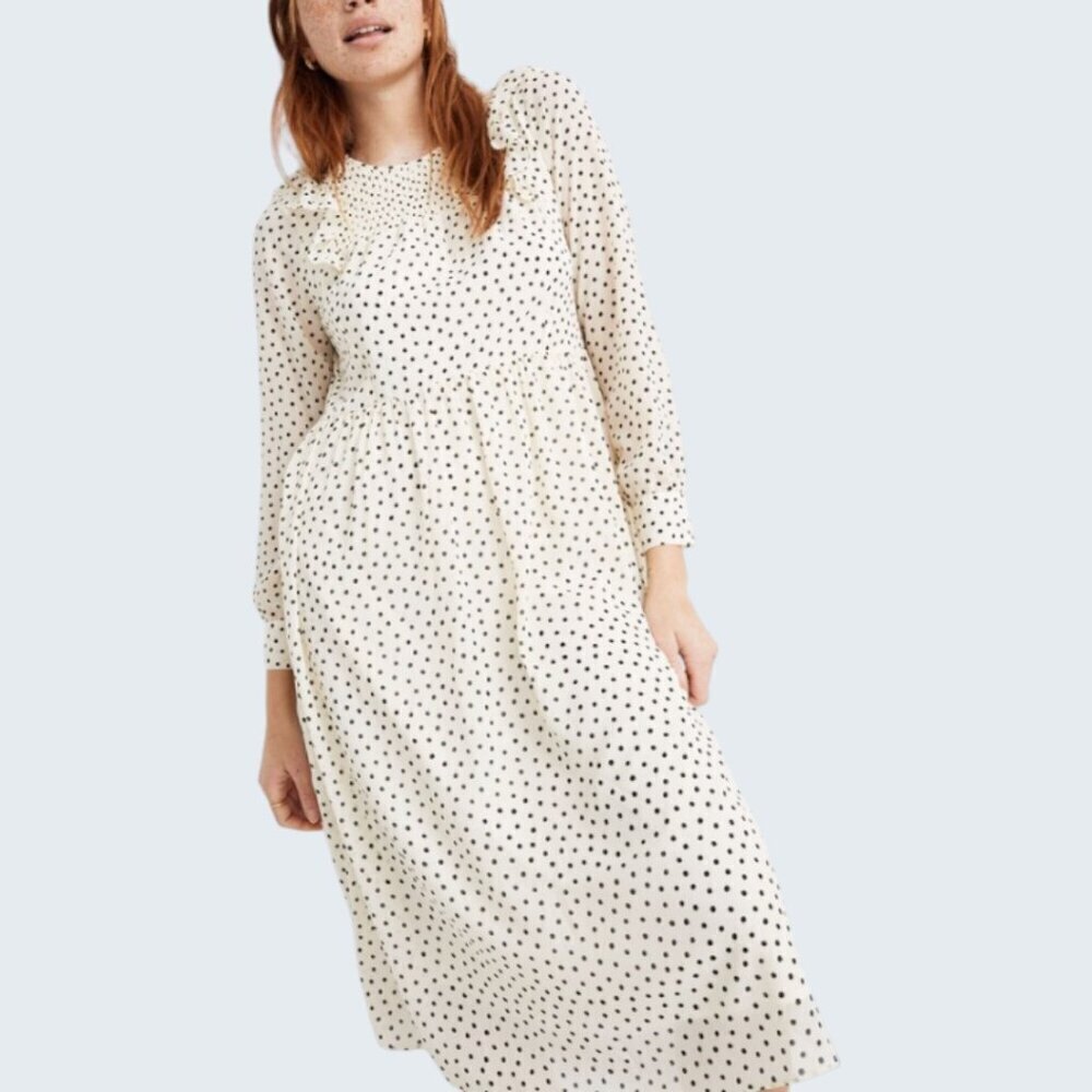 Madewell EUC Women's Smocked Creme Ruffled Chiffon Midi Polka Dot Dress SZ Large